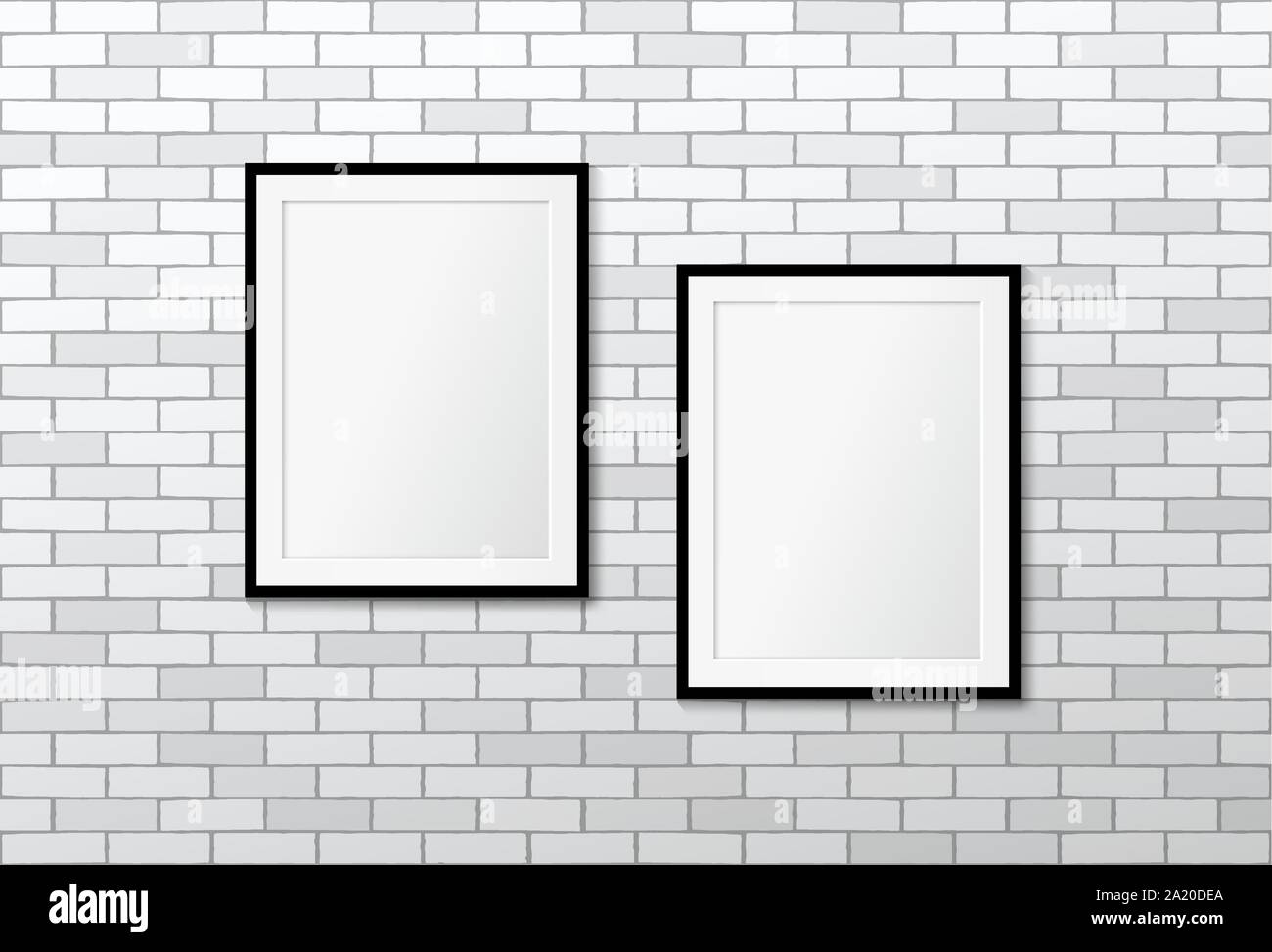 Two modern frames on white brick wall. Mock up Stock Vector