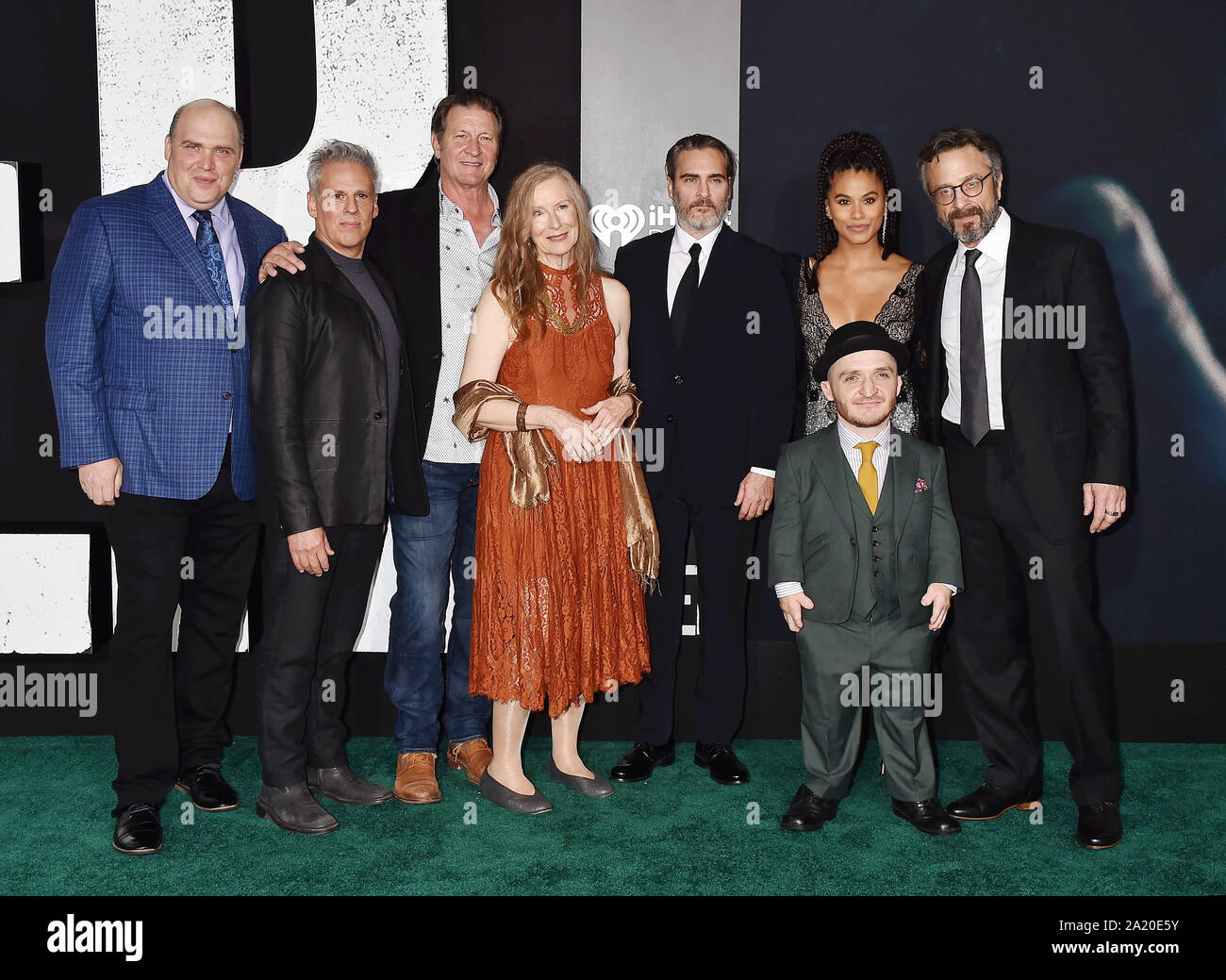 HOLLYWOOD, CA - SEPTEMBER 28: (L-R) Glenn Fleshler, Josh Pais, Brett Cullen, Frances Conroy, Joaquin Phoenix, Zazie Beetz, Leigh Gill and Marc Maron attend for the premiere of Warner Bros Pictures 'Joker' held at TCL Chinese Theatre IMAX on September 28, 2019 in Hollywood, California. Stock Photo