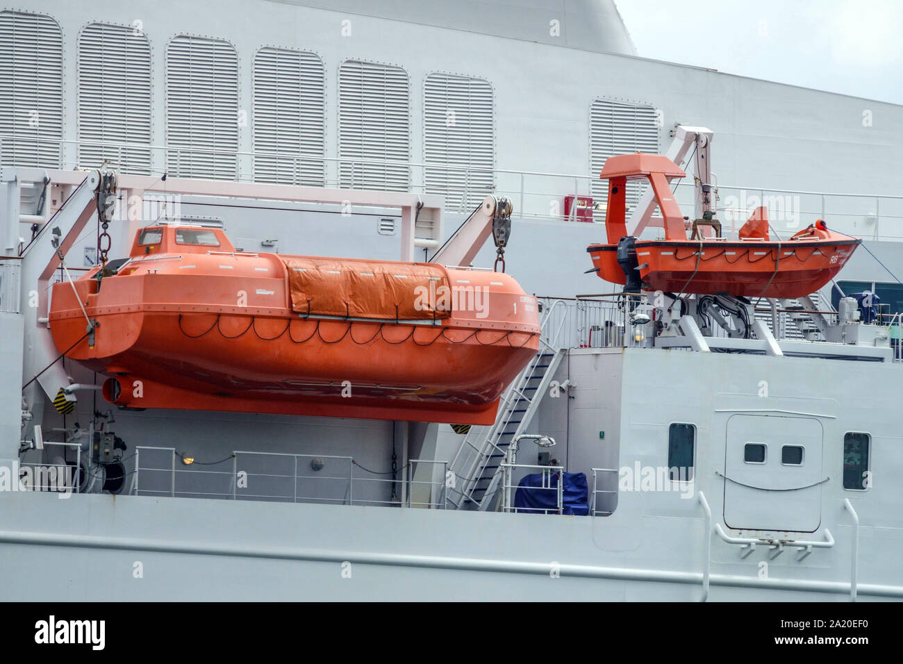 Rescue boats fitted on board a cruise ship, lifeboat on board Stock