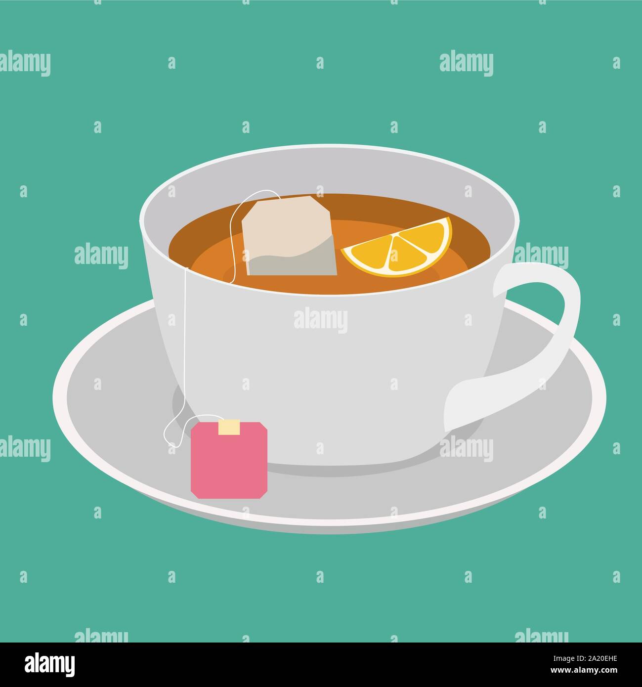 Cup with black tea and lemon in flat design. Vector Illustration Stock Vector