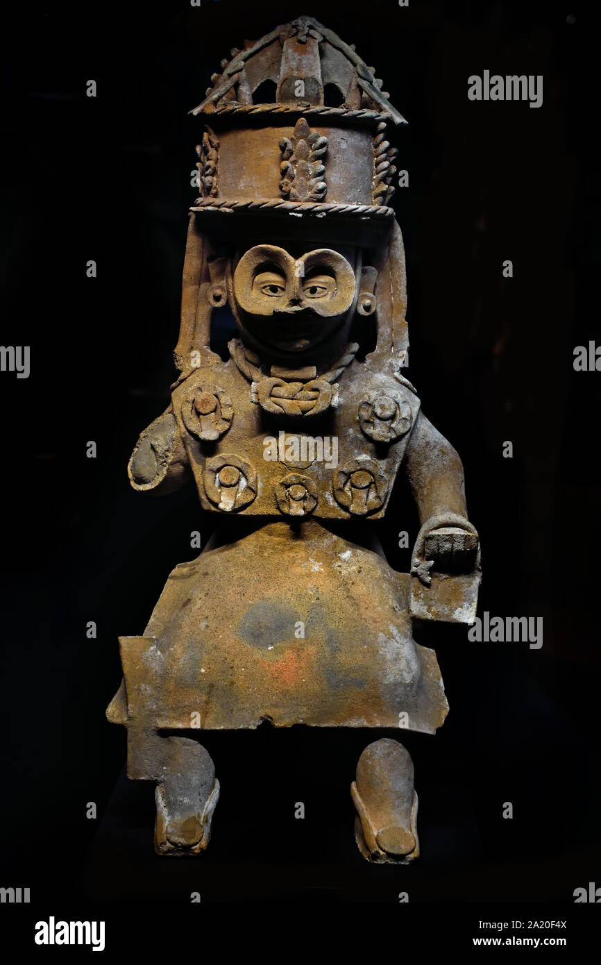 Tlaloc, 300-900 AD, Orizaba, Veracruz, State, 27x64cm,  ( Tlaloc member of the pantheon of gods in Aztec religion. As supreme god of the rain,  earthly fertility, water. Worshipped as a beneficent giver of life and sustenance.) Terracotta American, America. Stock Photo