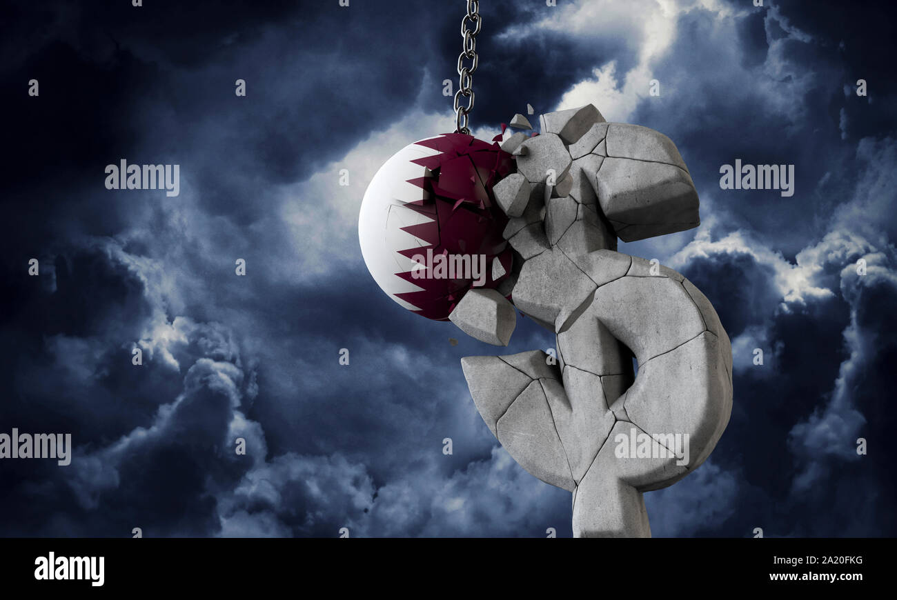 Qatar flag ball smashing a USA dollar currency symbol. 3D Render Stock