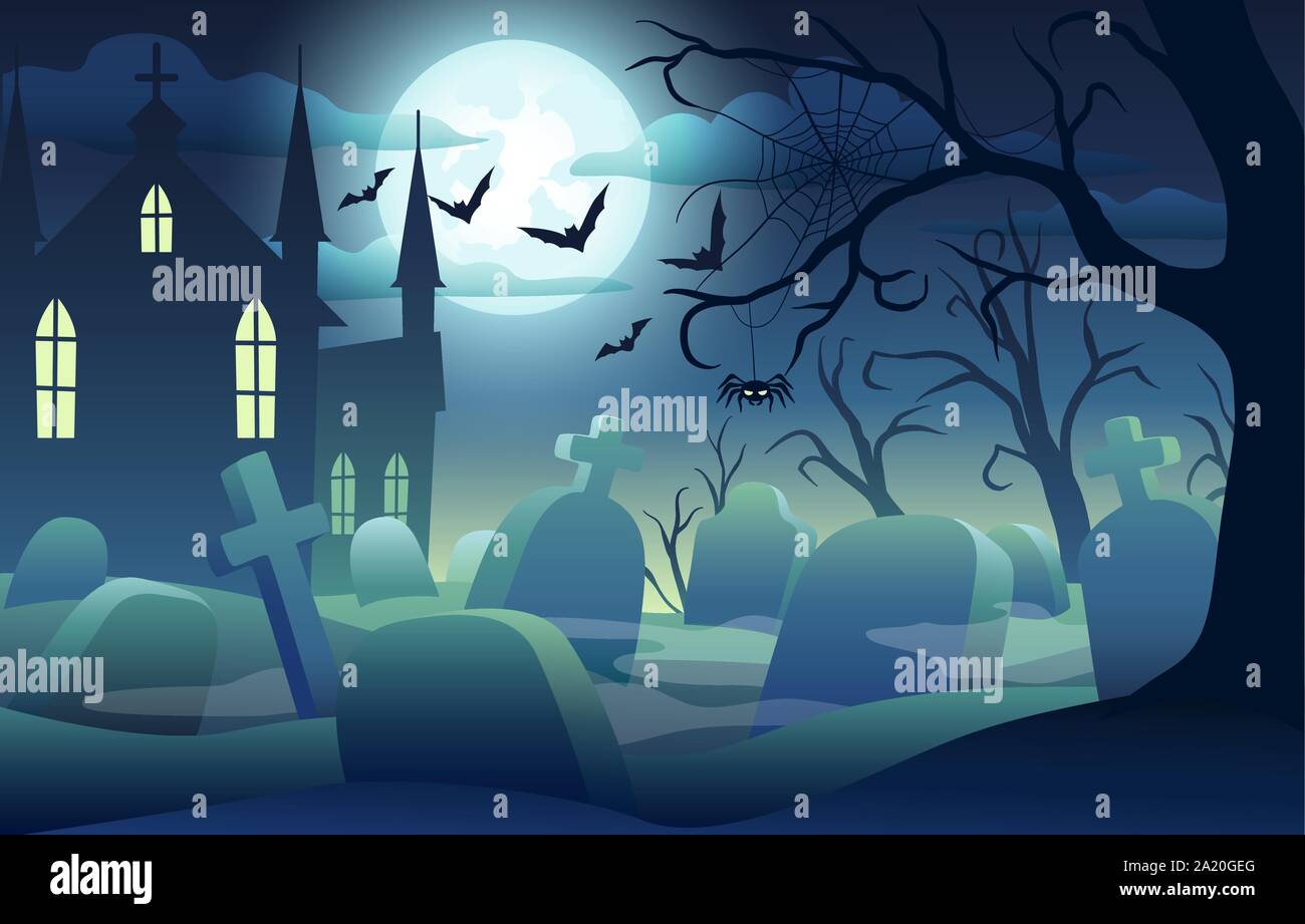 Halloween background with scary castle, pumpkins, bats and big moon Stock Vector