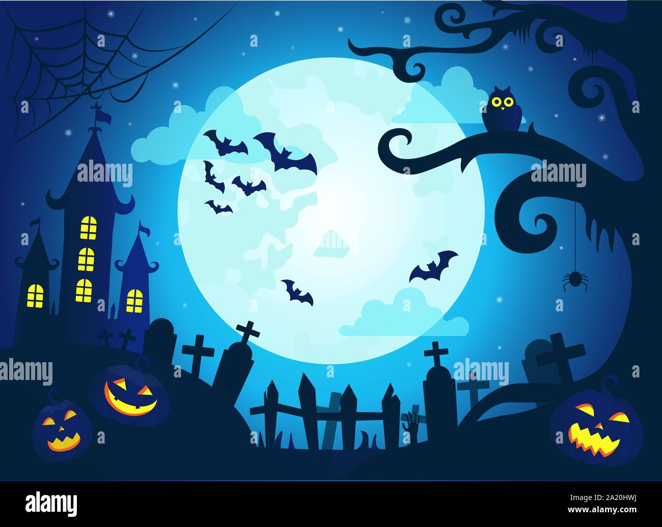 Halloween background with scary castle, pumpkins, bats and big moon Stock Vector