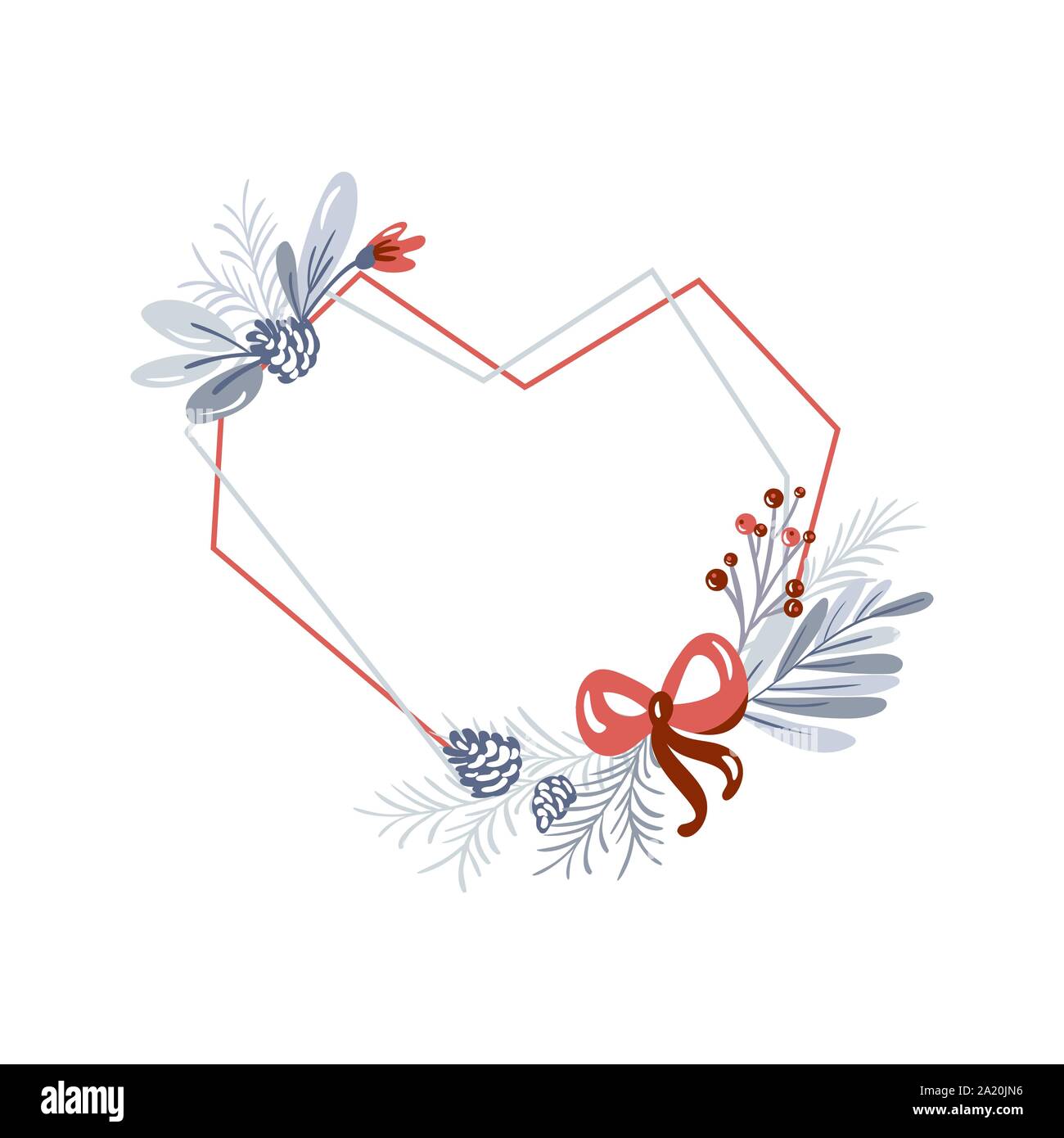 Vector geometric heart frame with bouquet wreath love. Christmas template for greeting card. Winter cones and pink flowers isolated on white Stock Vector