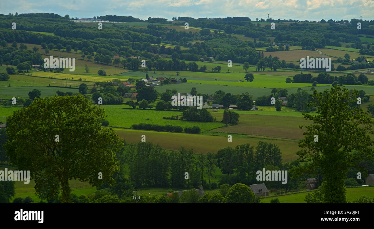 View from the hill on tranquil landscape in rural Normandy Stock Photo