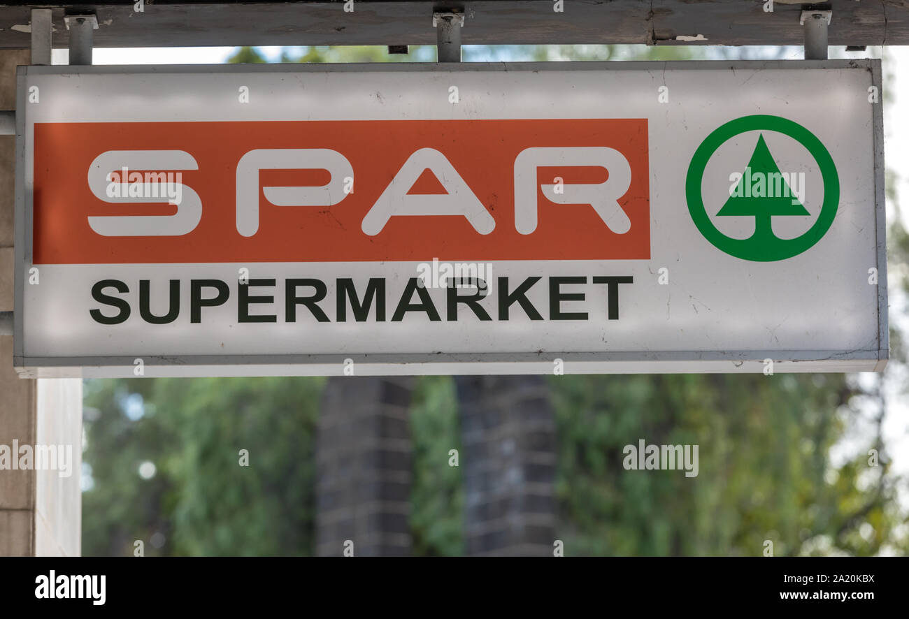 Funchal, Madeira, Portugal - April 19, 2018:  Logo of the supermarket SPAR is an international retail chain and franchise. Funchal, Madeira, Portugal. Stock Photo