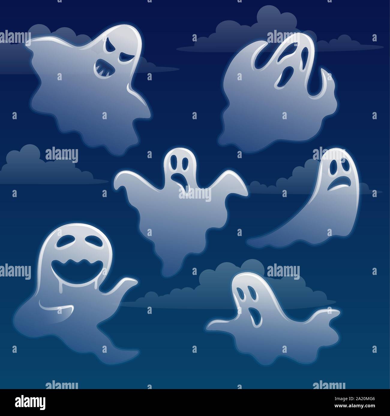 Set of ghosts with different emotions on sky with clouds Stock Vector