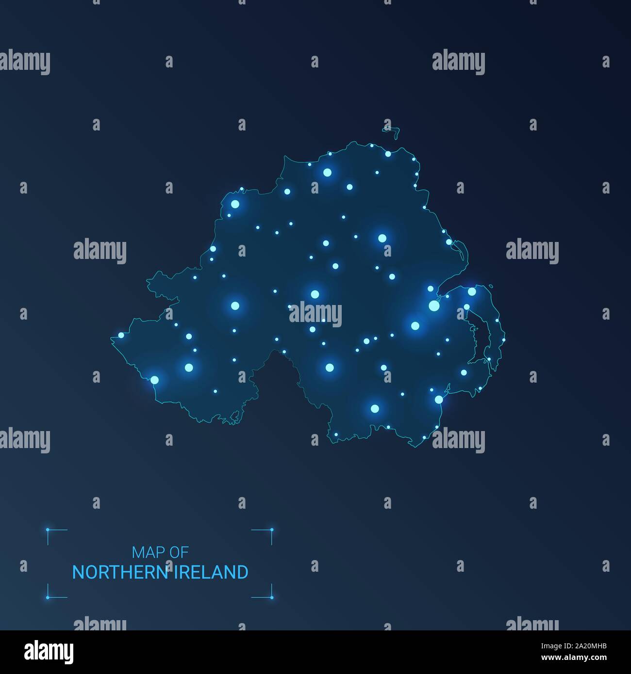 Northern Ireland map with cities. Luminous dots - neon lights on dark background. Vector illustration. Stock Vector