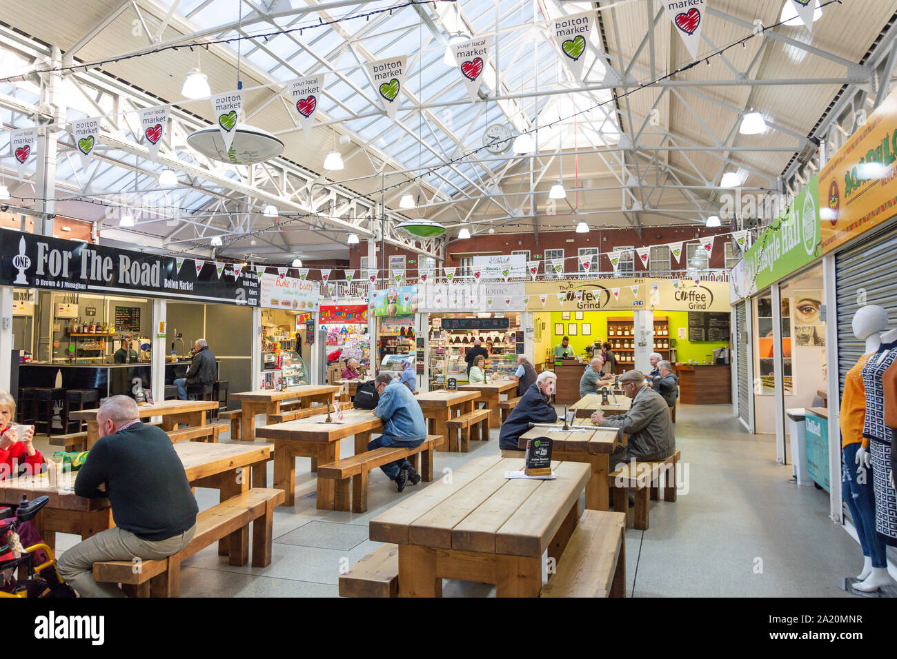 Food court in Bolton Market, Bolton, Greater Manchester, England