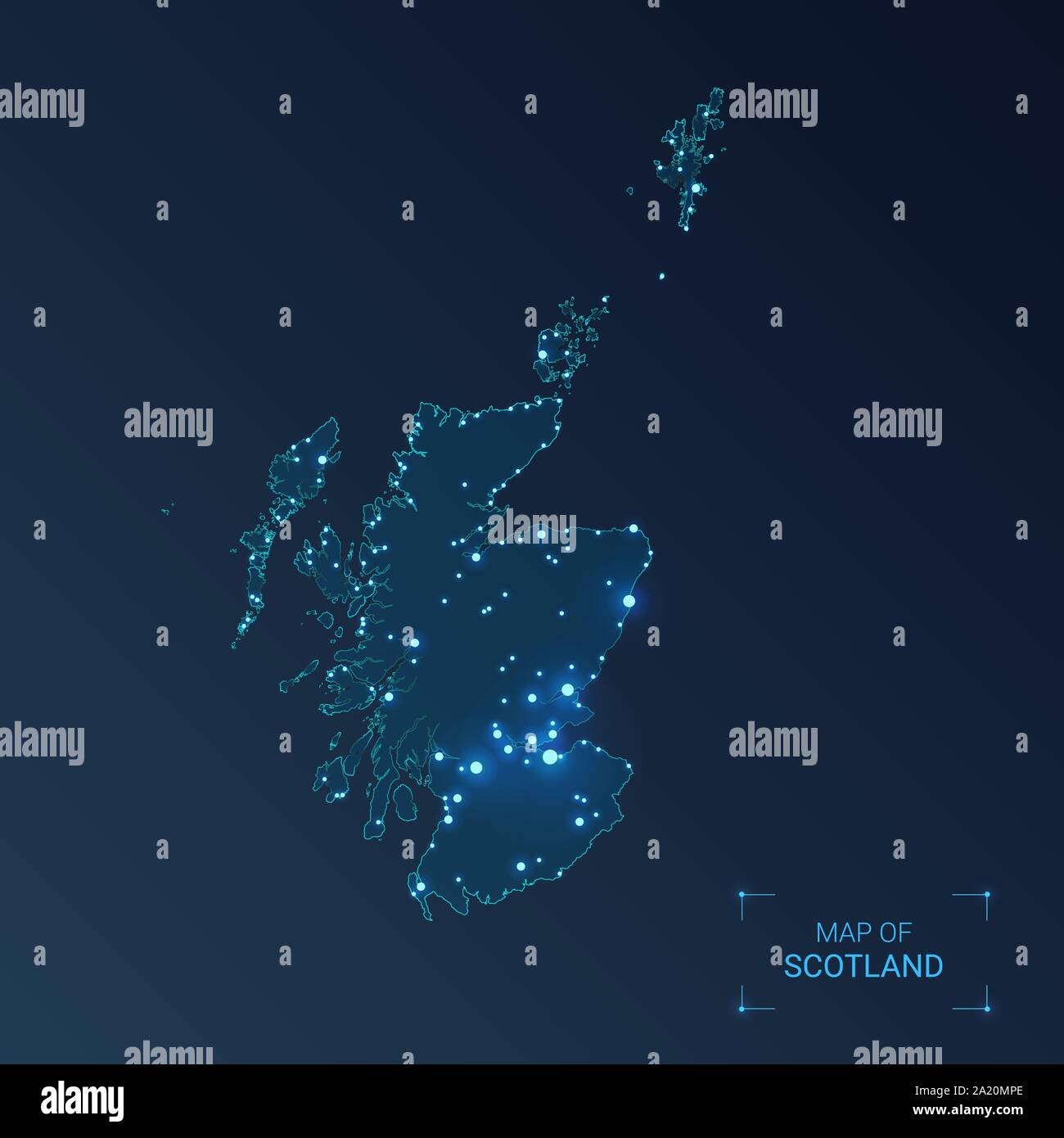Scotland Map Reflection Scotland map with cities. Luminous dots - neon lights on dark ...
