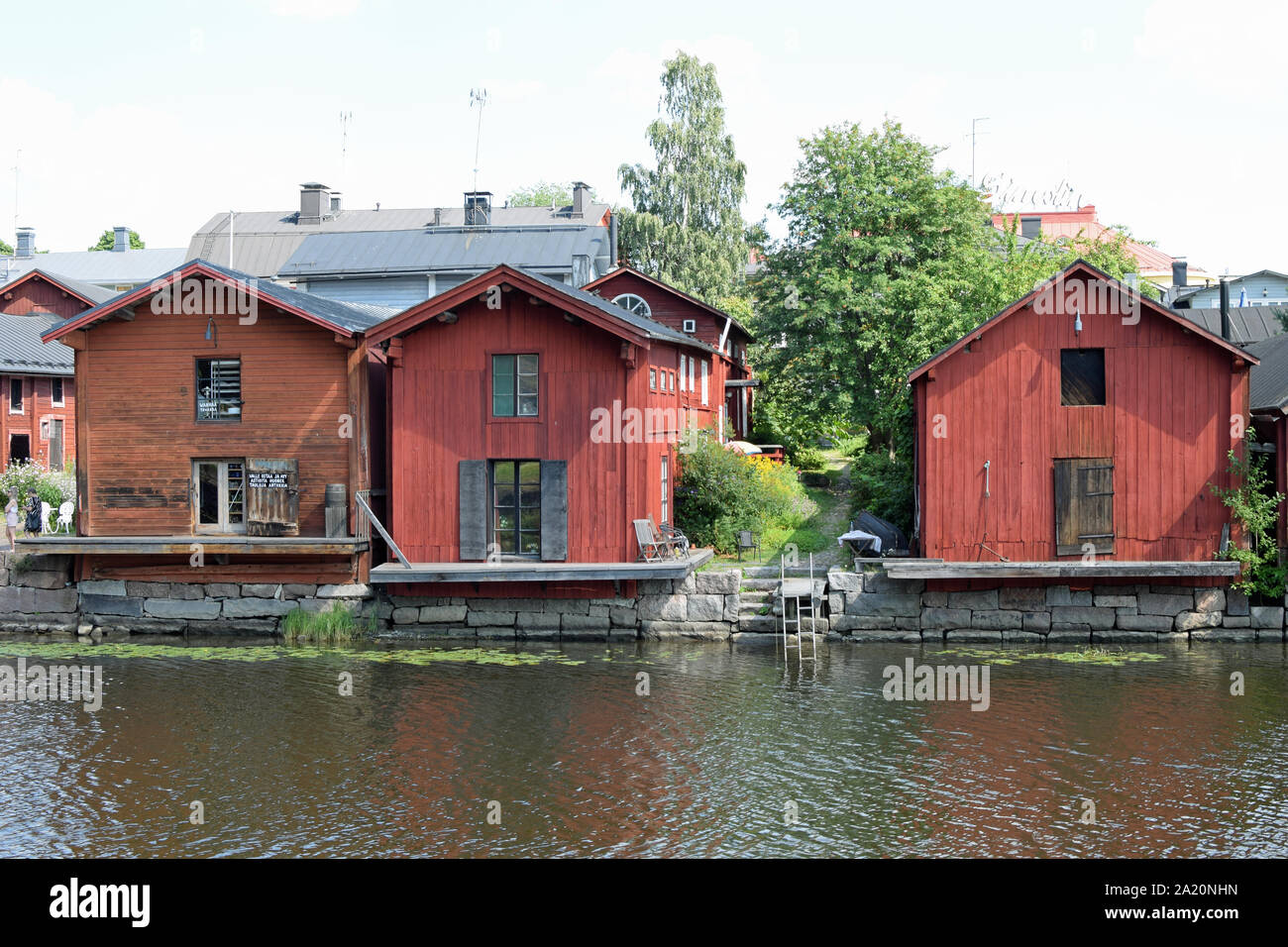 Porvoo, Finland - July 28, 2019: Old wooden red houses on the riverside. Stock Photo