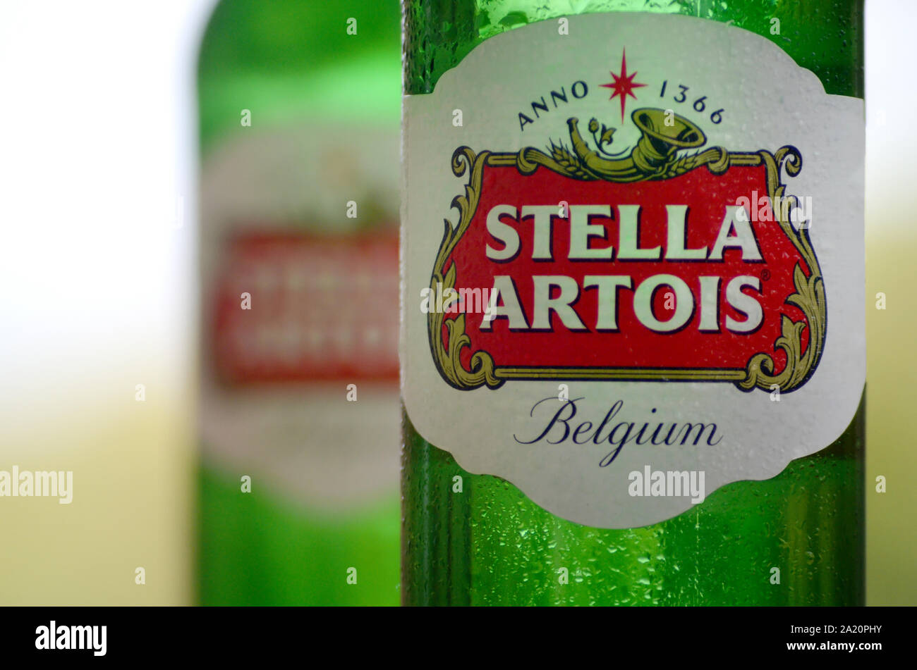 KHARKOV, UKRAINE AUGUST 22, 2019 Bottles of Stella Artois beer on