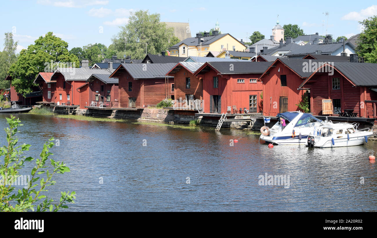 Porvoo, Finland - July 28, 2019: Porvoo river and historical old wooden red houses on the riverside. Stock Photo