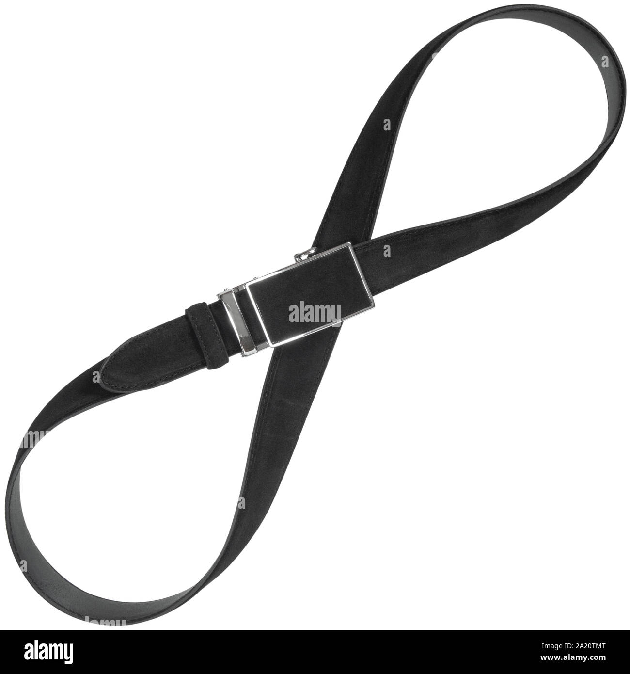 Black suede belt isolated on white background. Mens clothing accessory Stock Photo
