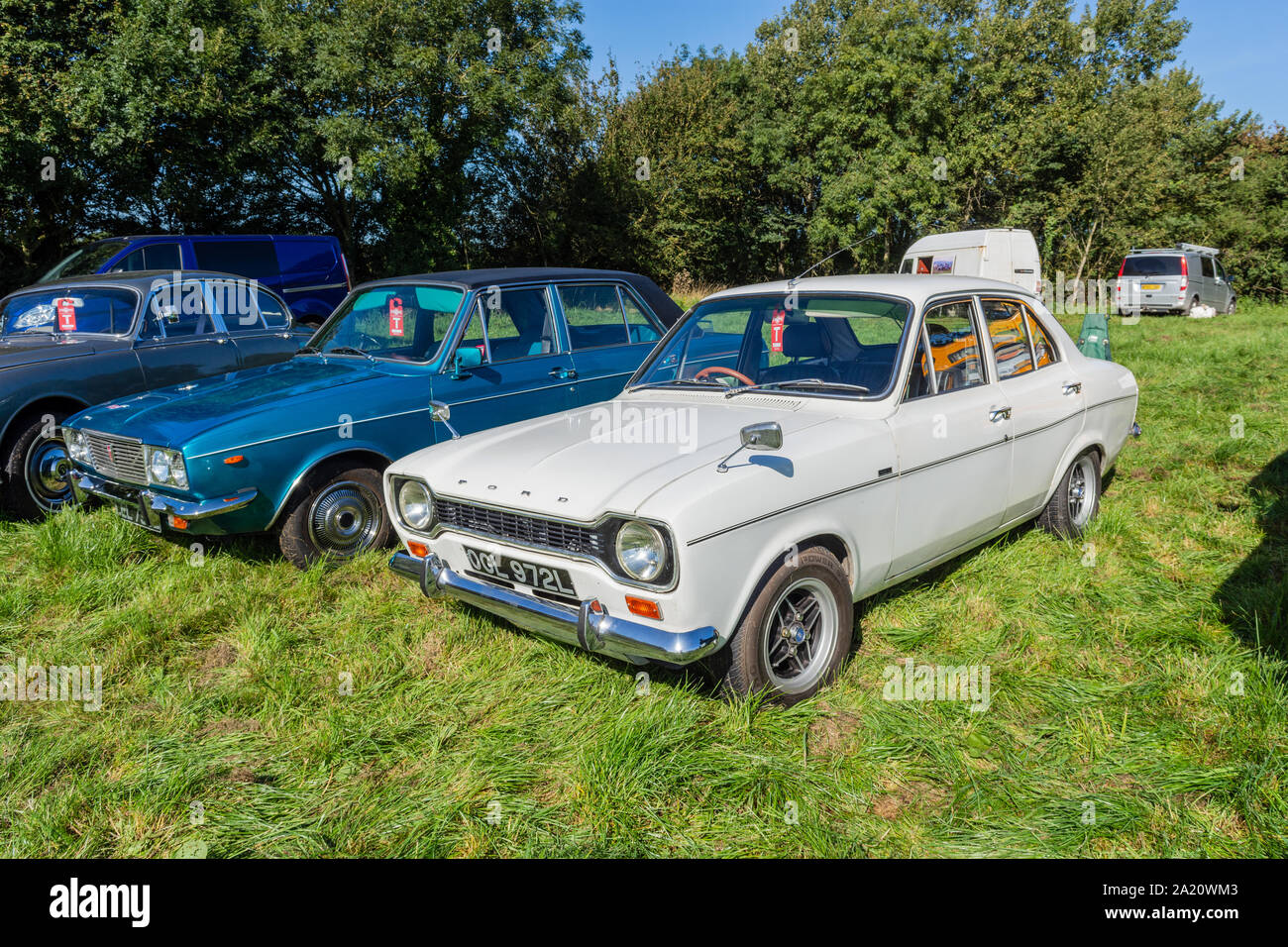 A white Mk1 Ford Escort from 1972 on display in the classic vehicle section of the 2019 Frome Cheese Show Stock Photo