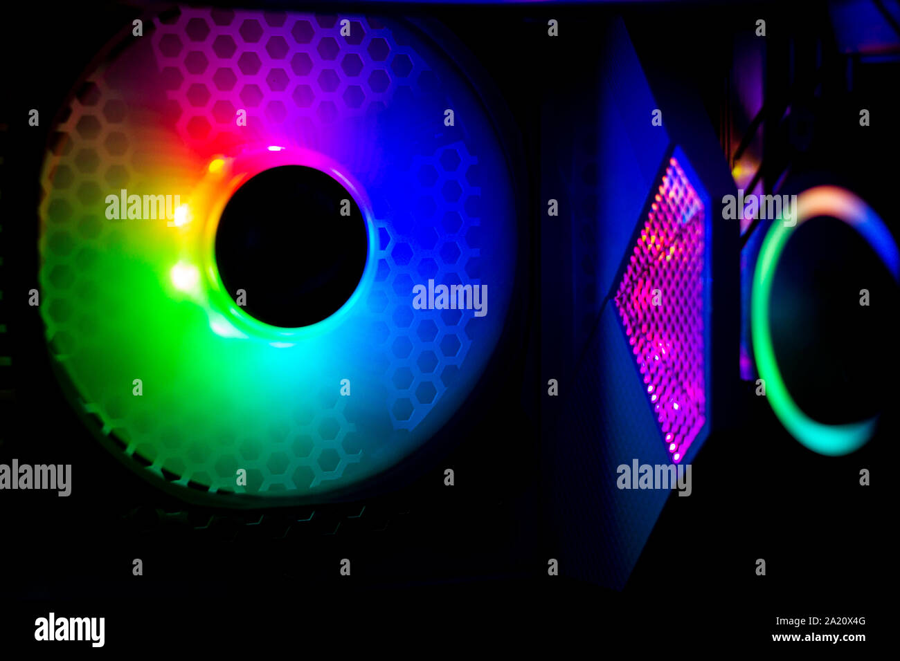PC system unit and beautiful cooler backlight, new technologies 2019 Stock Photo