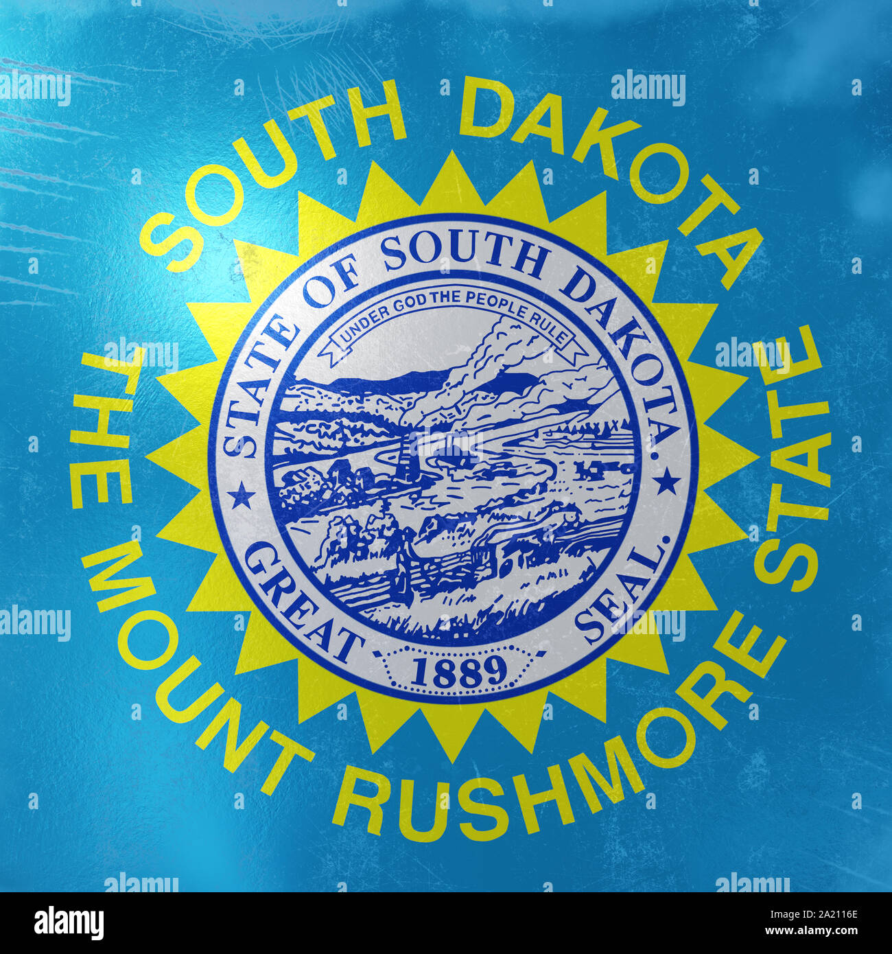 3d rendering of a rusty and old South Dakota State flag on a metallic surface. Stock Photo