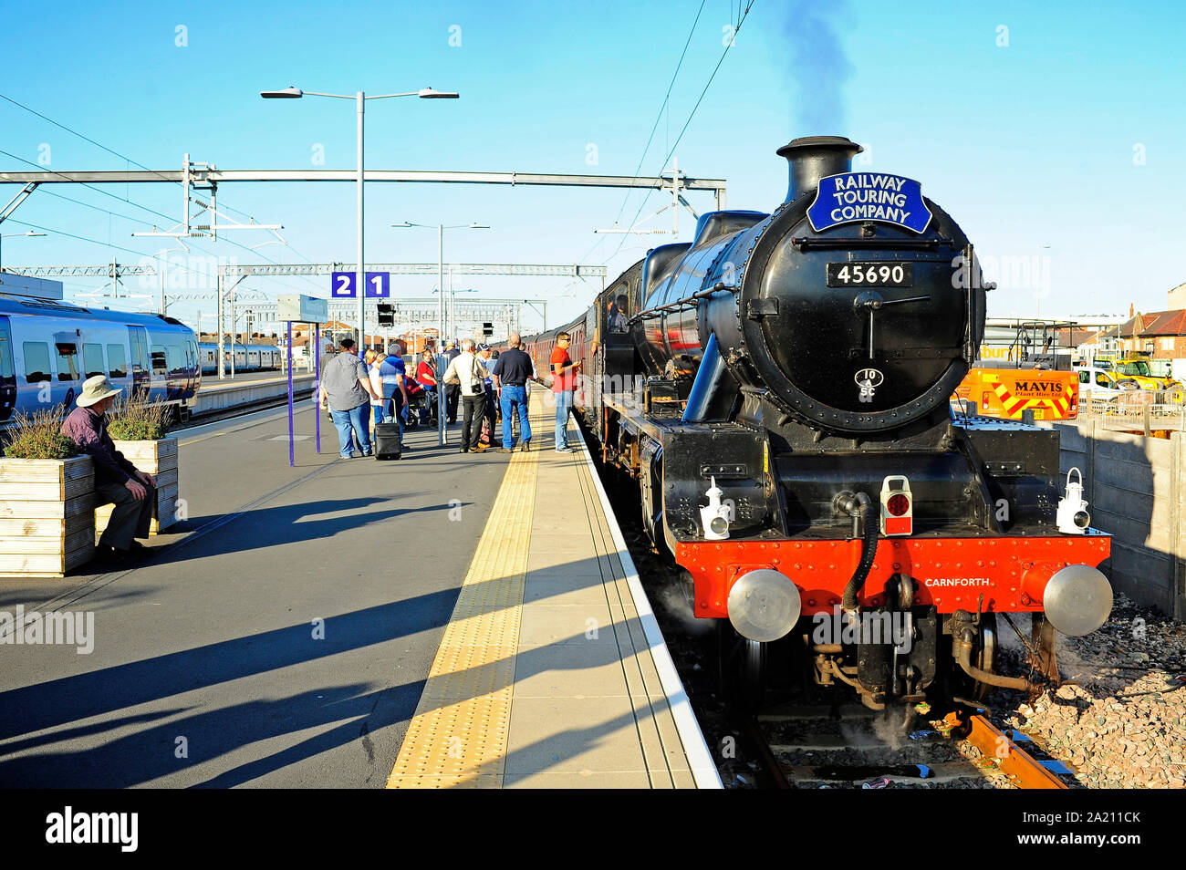 The steam train Leander(built 1936) on platform one of Blackpool North railway station Stock Photo
