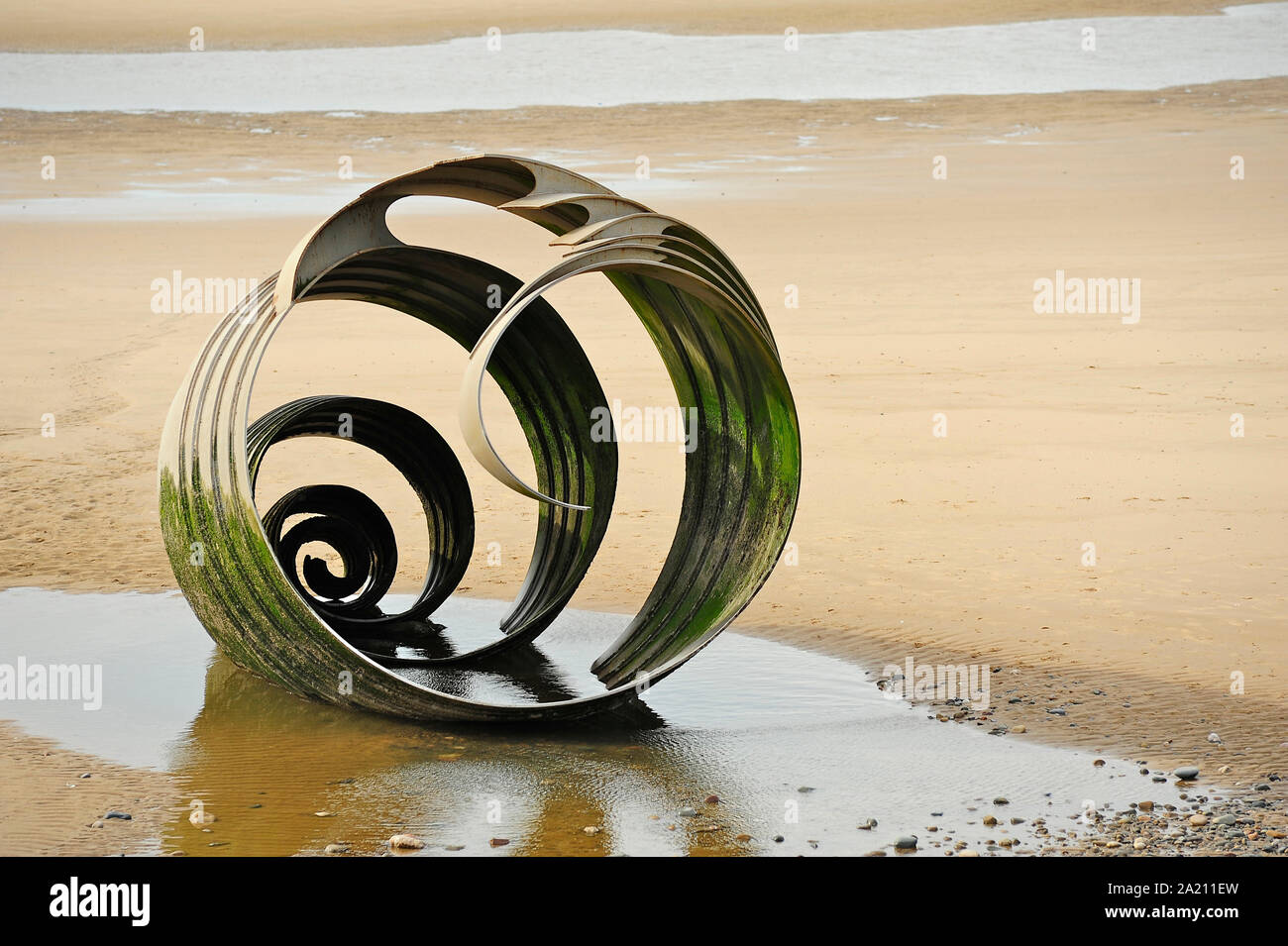 Mary's shell sculpture on the beach at Cleveleys at low tide Stock
