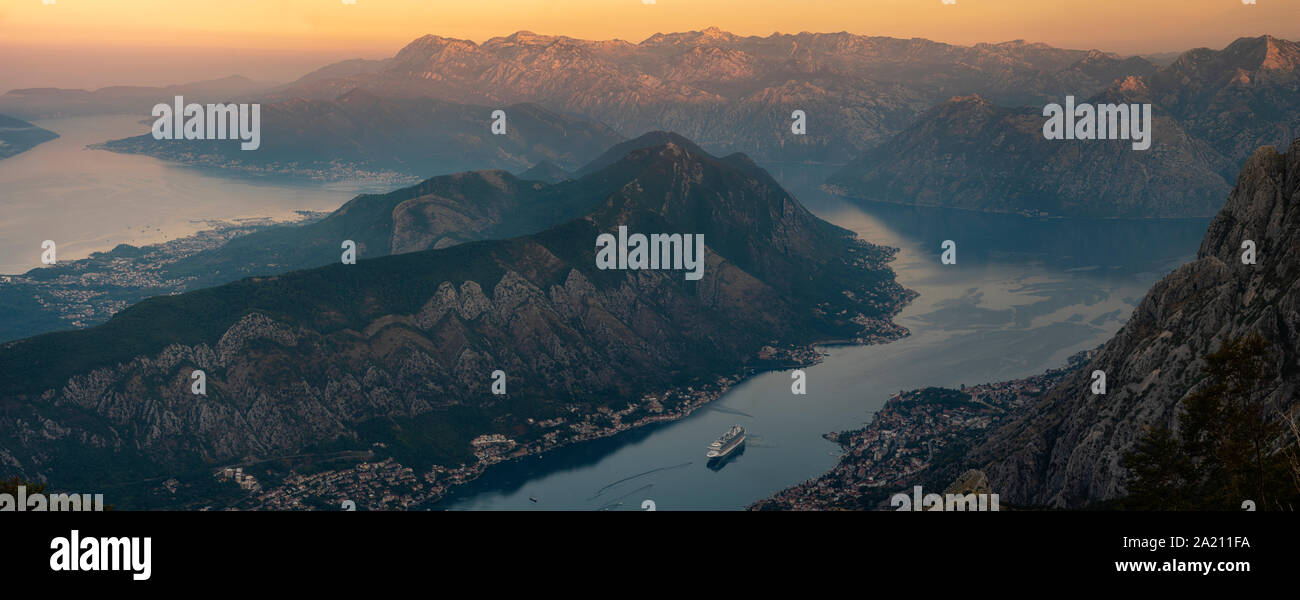 Kotor Bay during sunrise - high resolution panorama Stock Photo