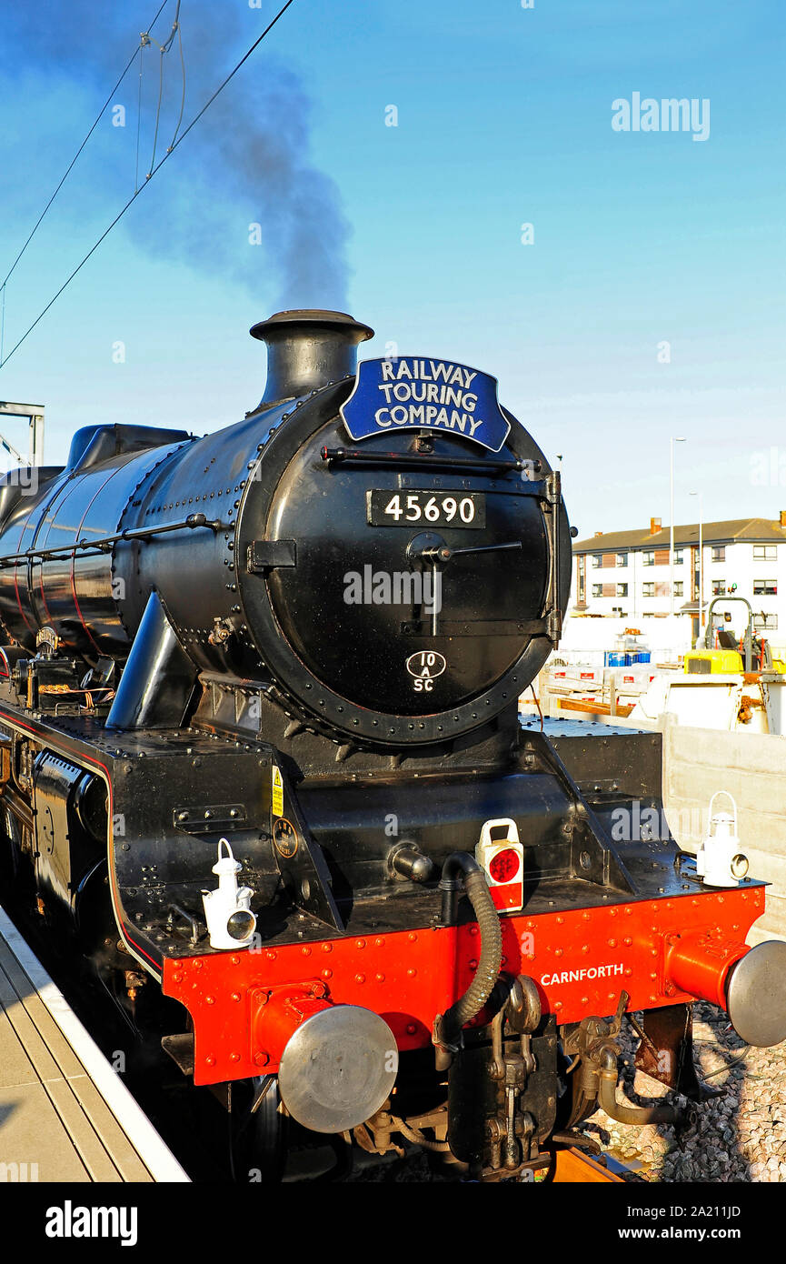 The steam train Leander(built 1936) on platform one of Blackpool North railway station Stock Photo