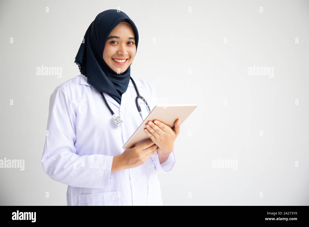 Young Arab Muslim Intern Doctor Women Smile On Isolate White Background Concept For Islam People 
