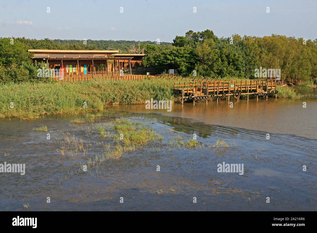 Jetty on the bank of the St Lucia Estuary, Umkhanyakude District Municipality, KwaZulu Natal, South Africa. Stock Photo