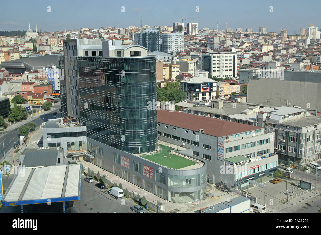 View of Istanbul Residential area with Park Inn by Radisson Ataturk Airport and Opet Aygaz petrol station from Marriott Hotel (Courtyard Istanbul International Airport Hotel), Istanbul, Kucukcekmece District, the Republic of Turkey. Stock Photo