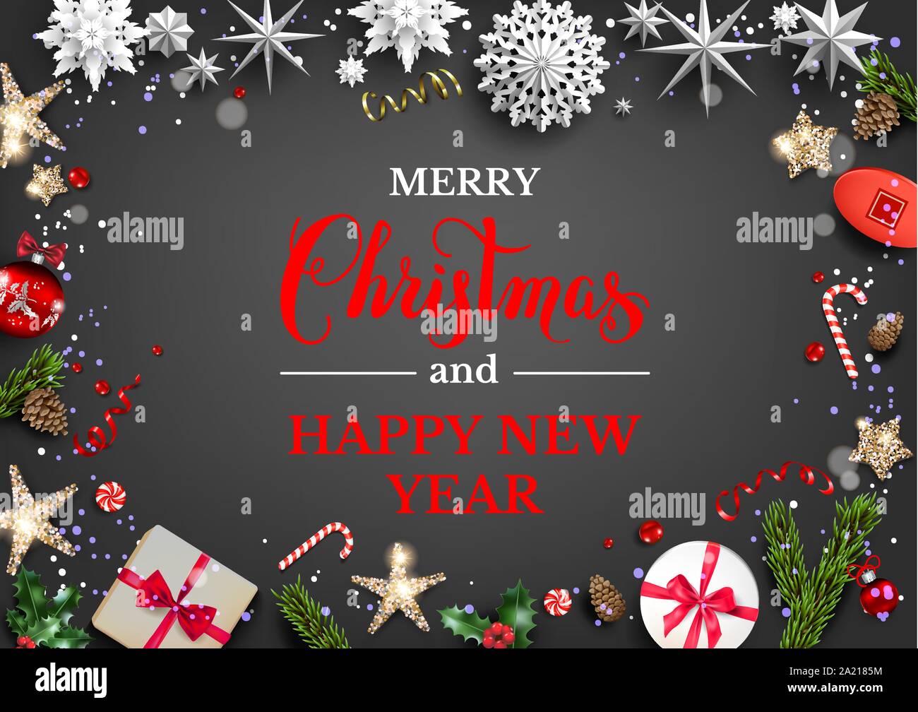 Festive dark card with Christmas decorations and balls, stars, gift boxes, fir tree branches. Winter holiday template with Merry Christmas lettering. Stock Vector