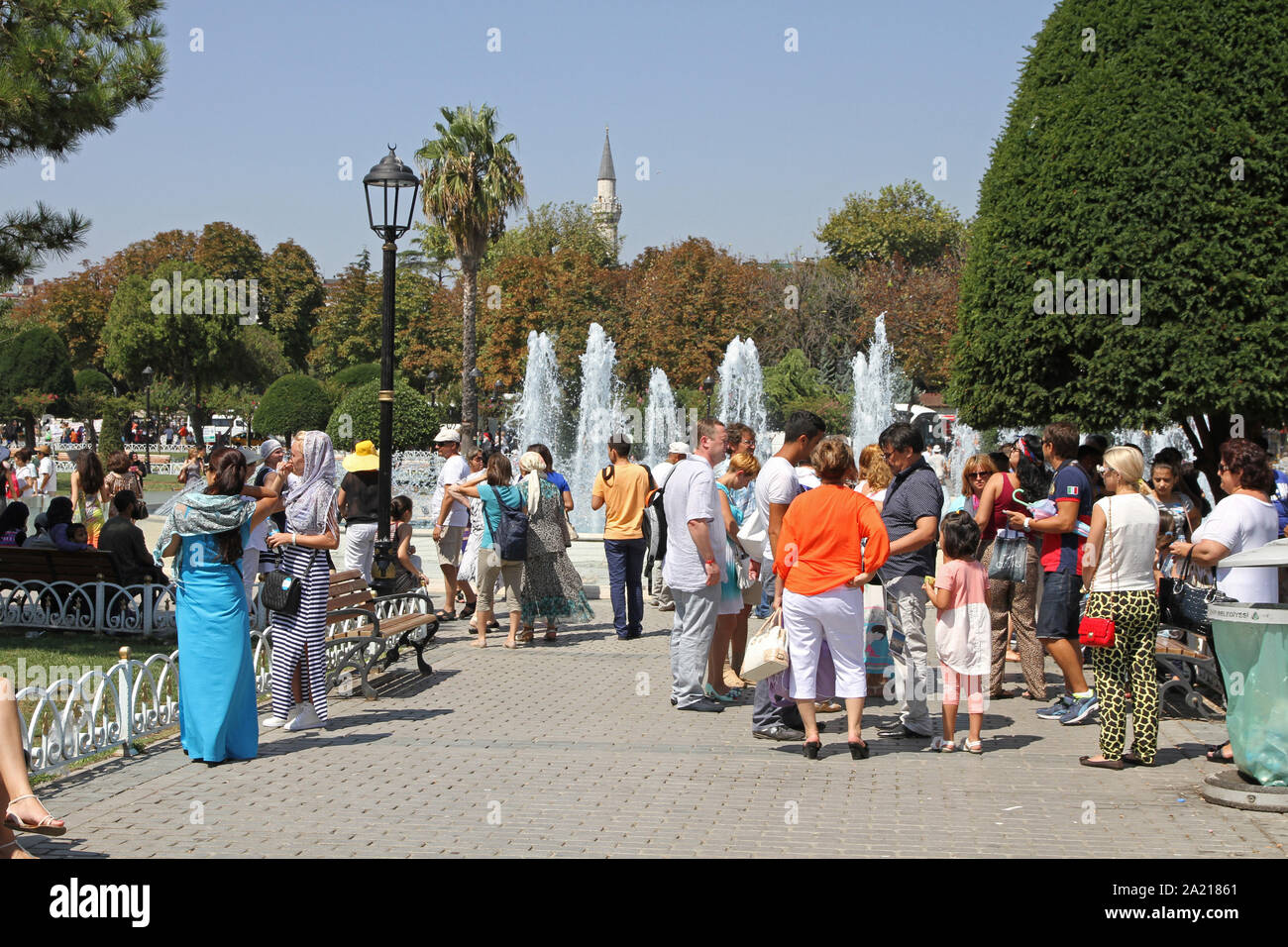 Tourists standing in Sultanahmet Square, Fatih, Istanbul, Turkey. Stock Photo