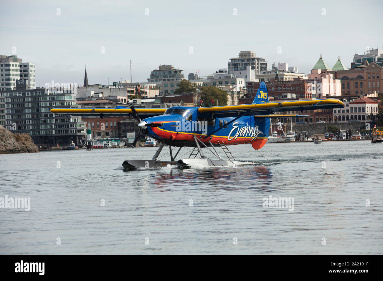 Seaplane starting from the harbor in Nanaimo Stock Photo