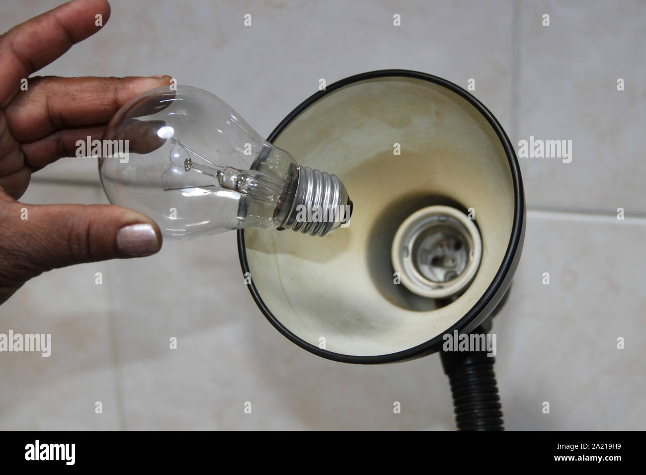 Close-up of hand changing a lightbulb into a desk lamp, South Africa. Stock Photo