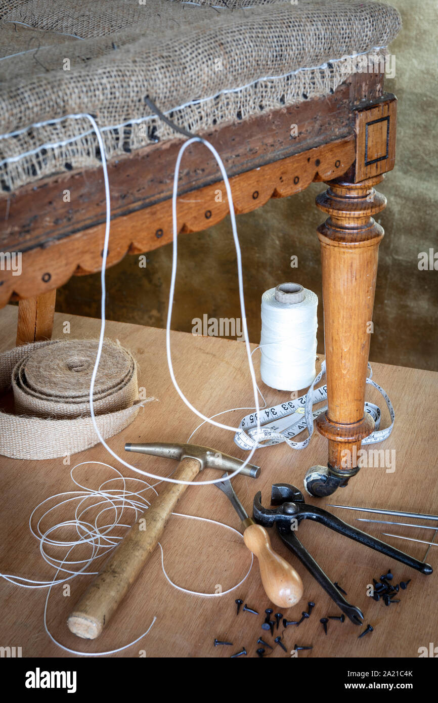 Upholstery materials and equipment. Various upholstery tools Stock