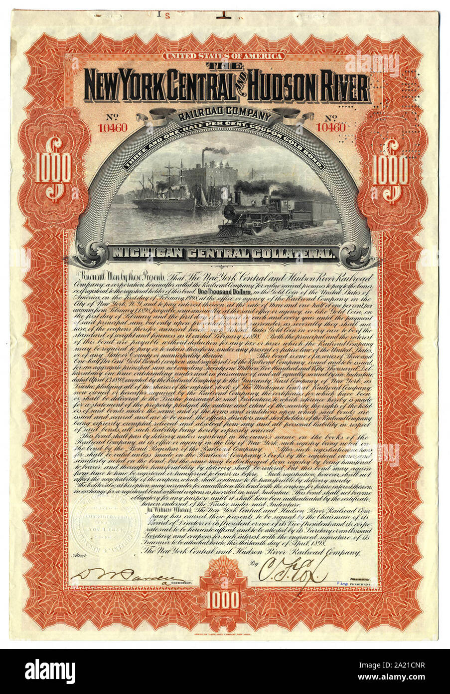 New York Central & Hudson River Railroad Bond Stock Certificate Michigan 