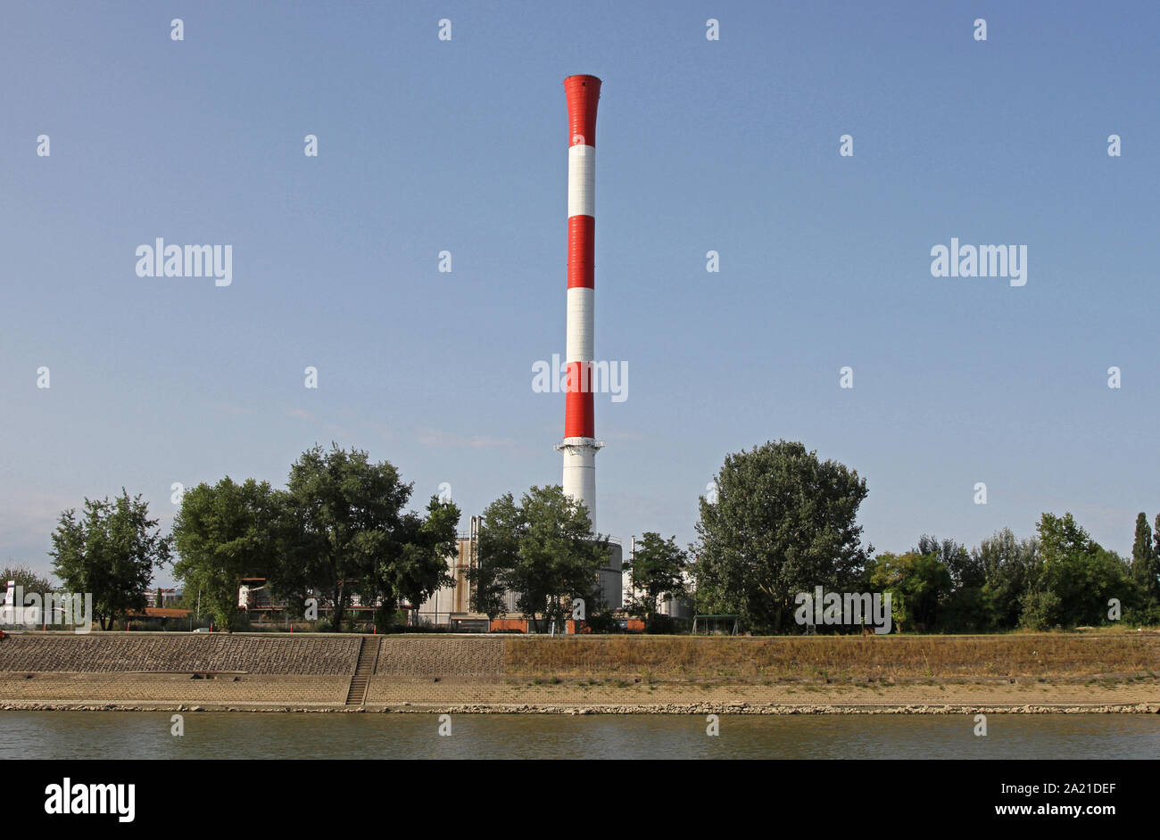 Heating plant tower (Toplana) at Ug Dorcol-Stara Centrala, Association of cities; For the; Tourism; Tourist; And; Recreation on the water of Dorcol- old central, a historical landmark on the Danube River, Belgrade; Serbia. Stock Photo