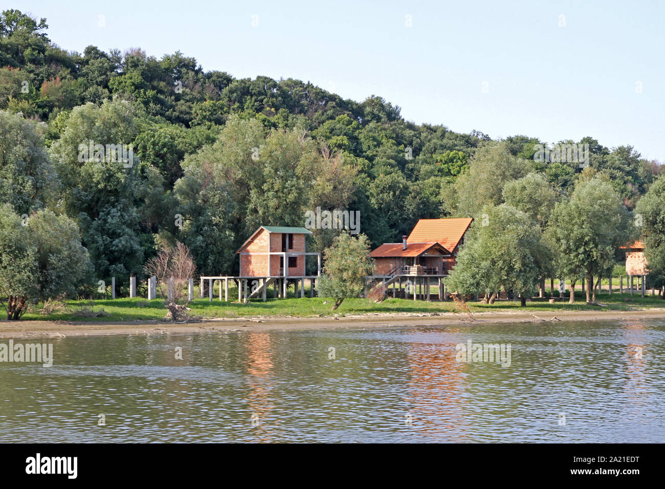 Cabins on the bank of the Danube River, near Belgrade Serbia. Stock Photo