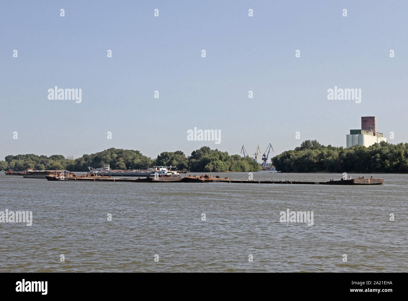 View of tanker on Danube River near Belgrade with trees on shore with grain silos and the Port of Belgrade behind it, Danube River, Serbia. Stock Photo