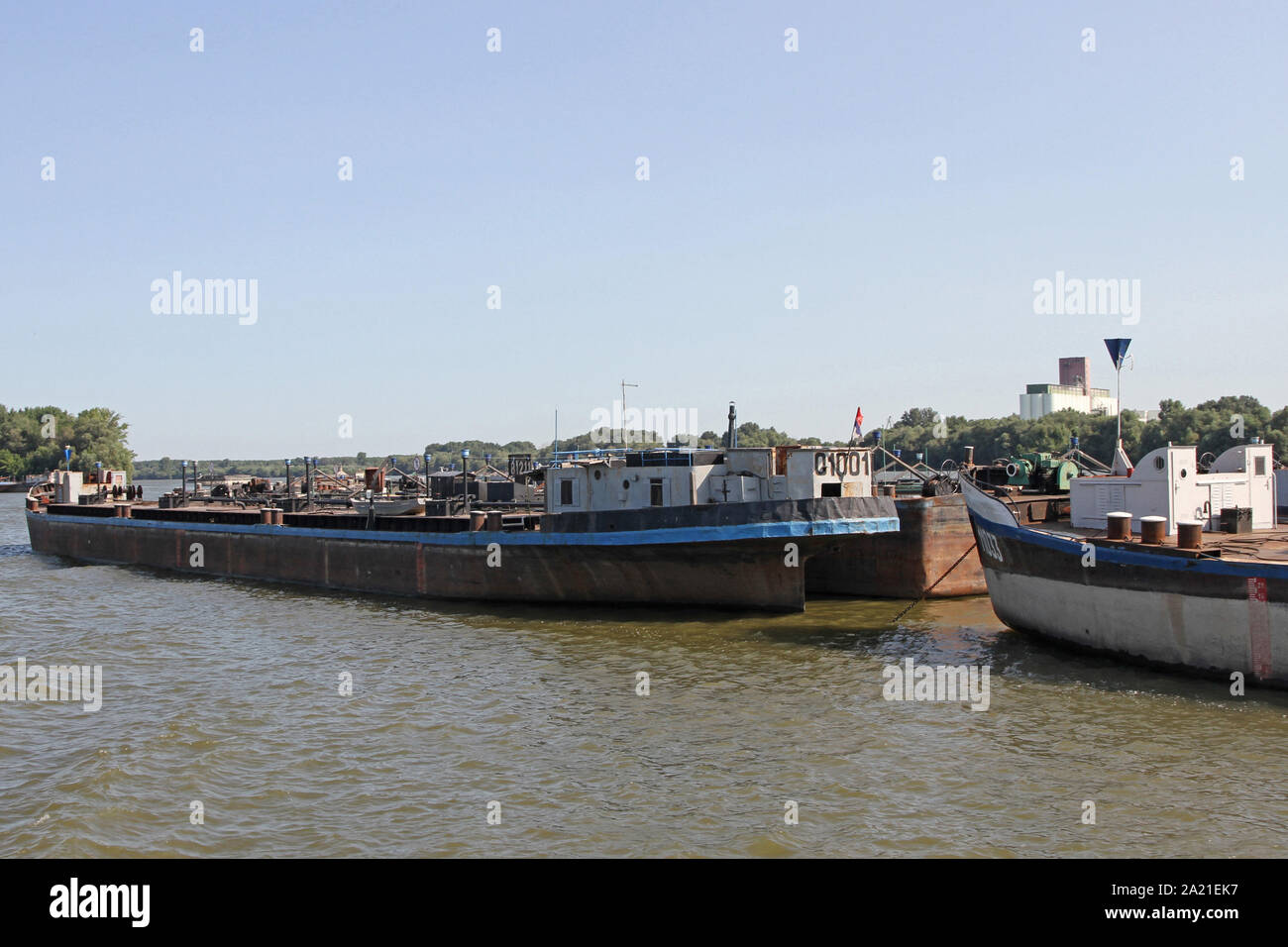 View of tankers on the Danube River near Belgrade, Serbia. Stock Photo
