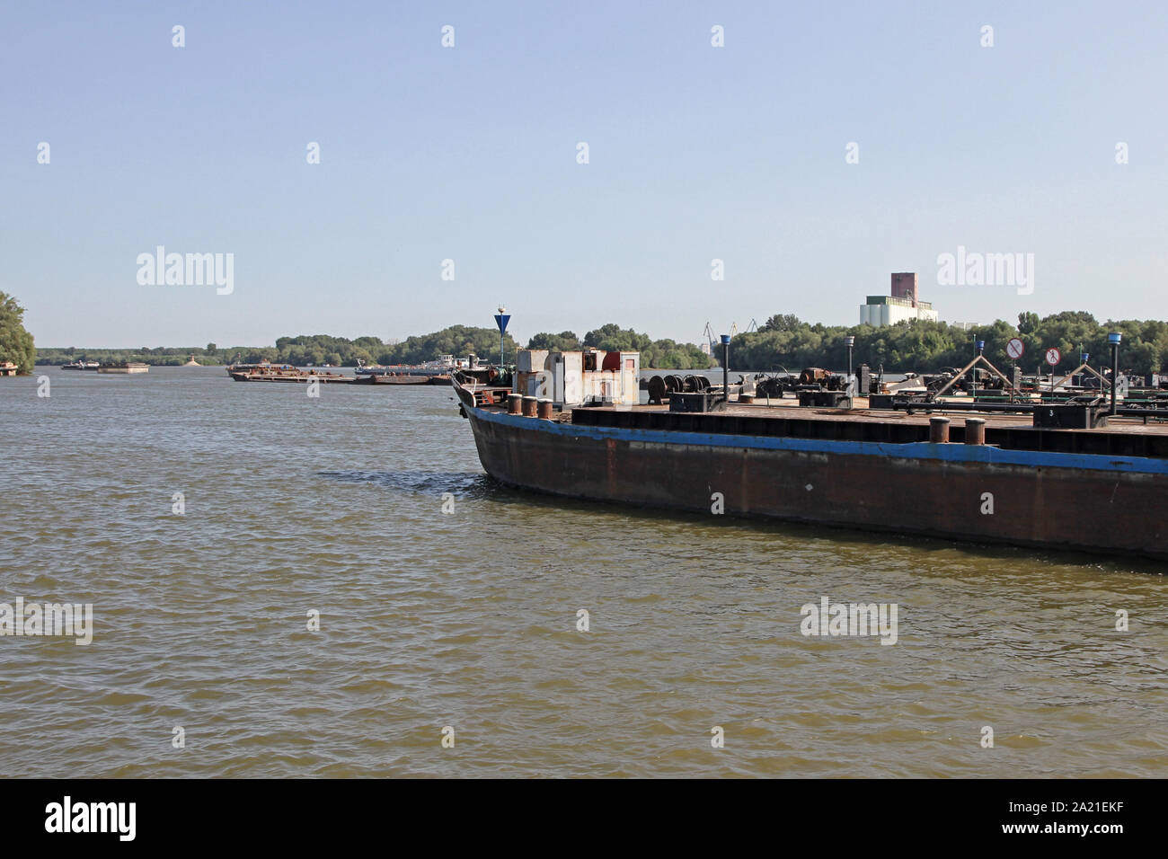 View of tanker on Danube River near Belgrade with forest trees on shore, Danube River, Serbia. Stock Photo
