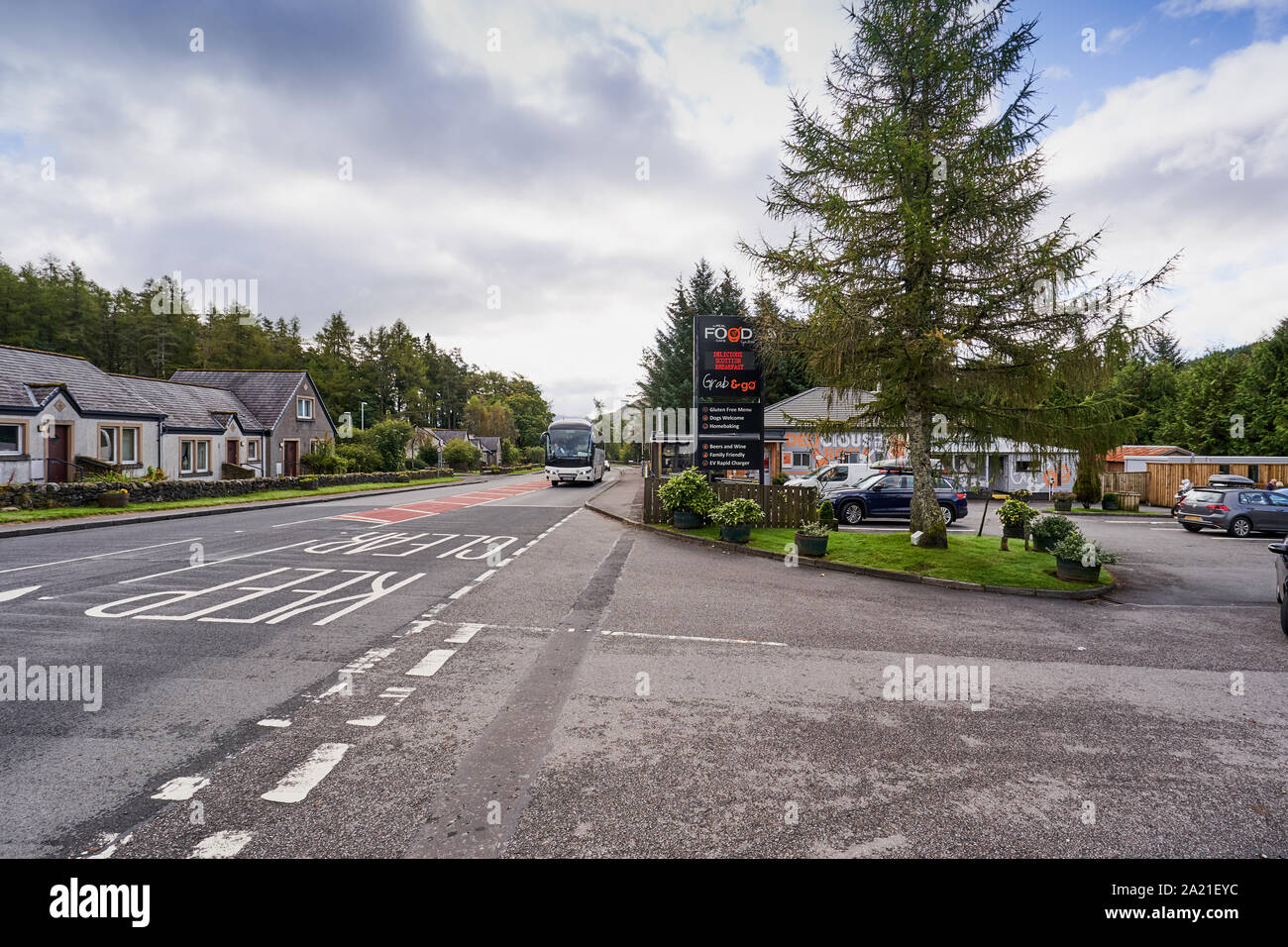 The Real Food Cafe, Tyndrum, Crianlarich, Scotland showing main street. Stock Photo