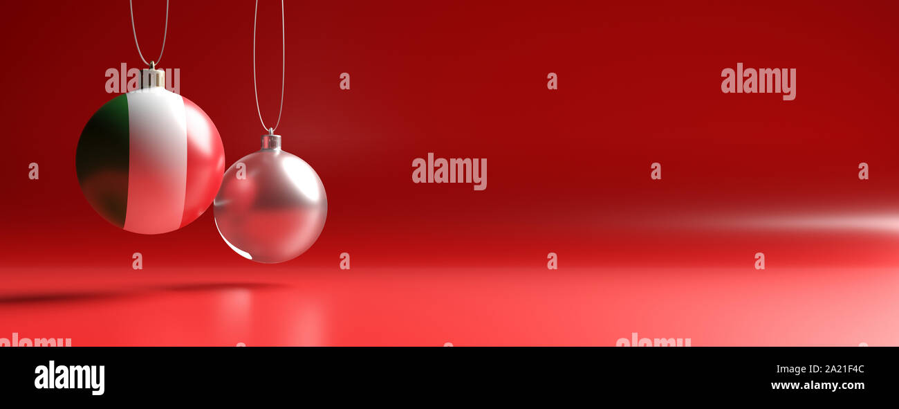 Christmas in Italy concept. Xmas and italian flag balls, glass texture against red color curved background, banner, copy space. 3d illustration Stock Photo