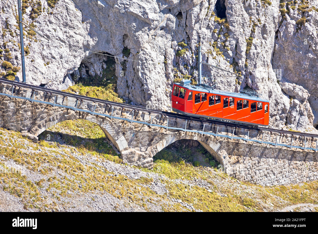 Mount Pilatus ascent on worlds steepest cogwheel railway, 48 percent, tourist landscape of Switzerland Stock Photo
