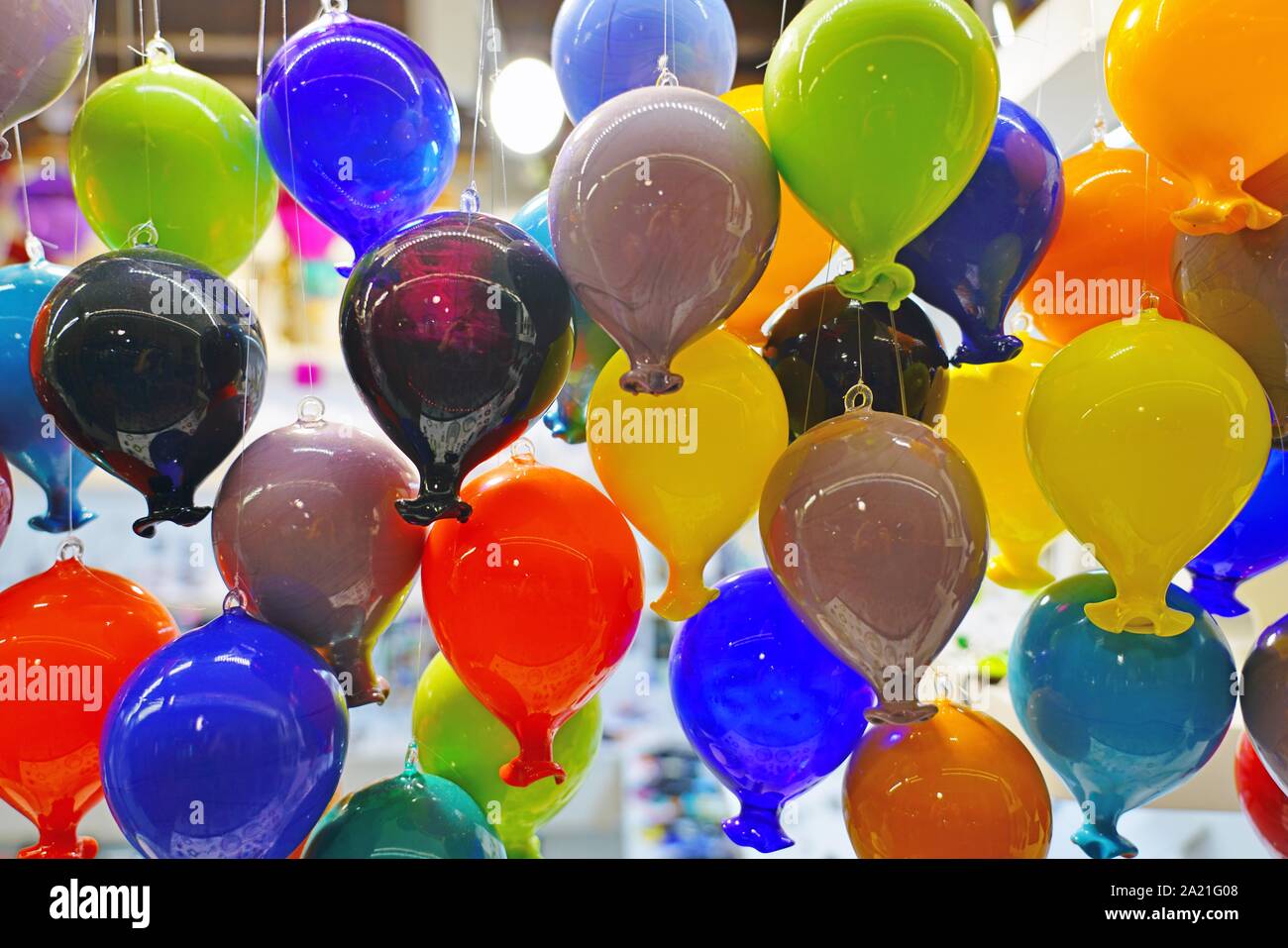 Hanging display of decorative balloons made of Murano glass Stock Photo