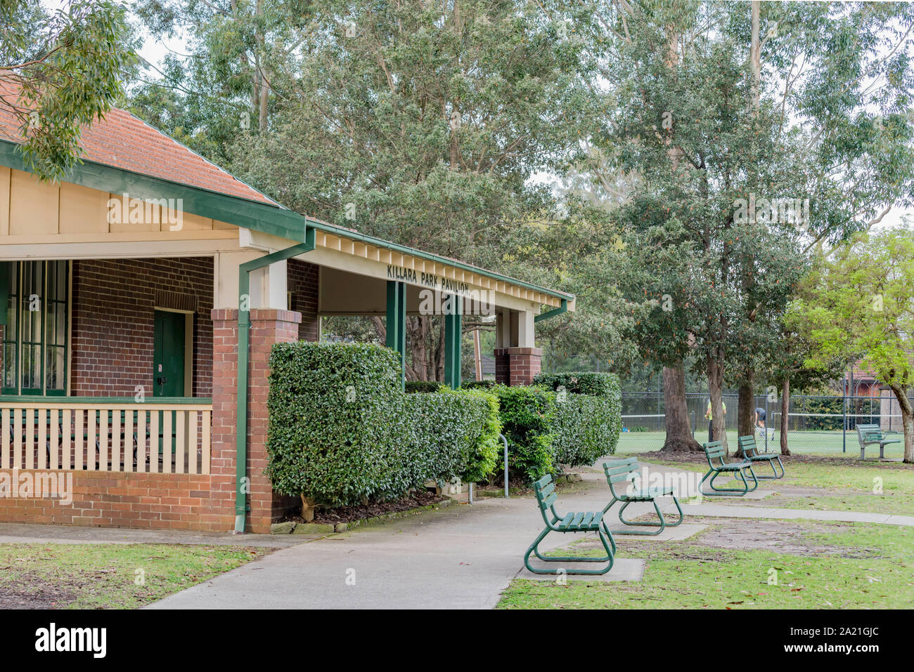 In the leafy north shore suburb of Killara sits the Federation designed Killara Park Pavilion beside the Bert Oldfield Oval and tennis courts Stock Photo