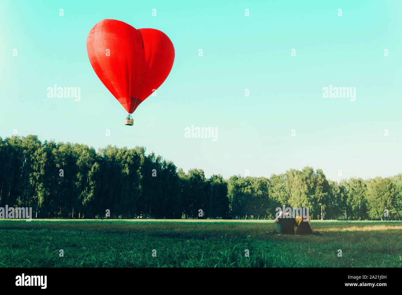 Young woman and man sitting on grass and looking at red hot air balloon in shape of heart. Love and future together concept. Stock Photo