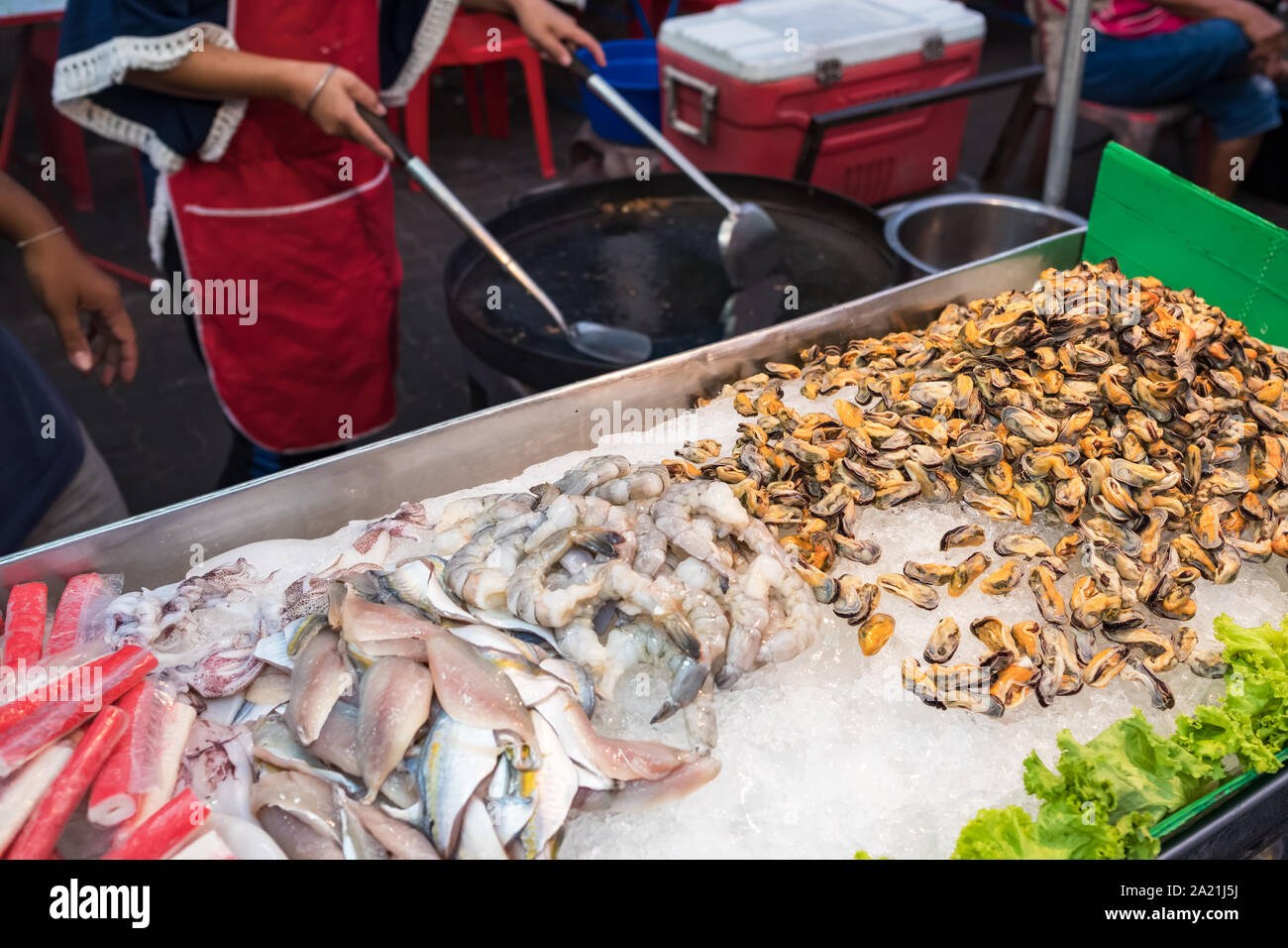 Seafood ingredients for traditional thai omelet at street market stall Stock Photo