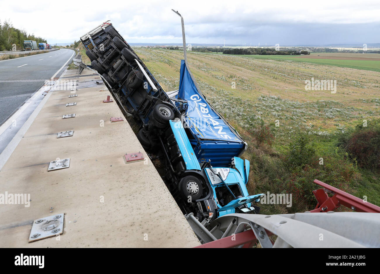 30 September 2019 Saxony Lobau An Injured Truck Lies Next To A Bridge On The B178n Between Lobau And Weissenberg The Exact Cause Of The Accident Has Not Yet Been Clarified But