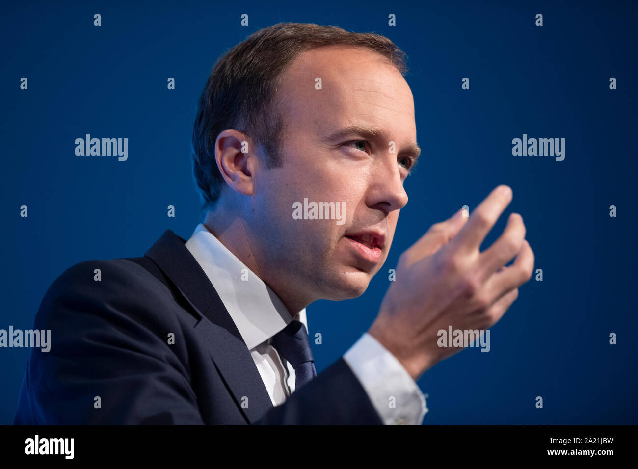 Manchester, UK. 30th Sep, 2019. Matt Hancock, Secretary of State for Health and Social Care and MP for West Suffolk speaks at day two of the Conservative Party Conference in Manchester. Credit: Russell Hart/Alamy Live News Stock Photo