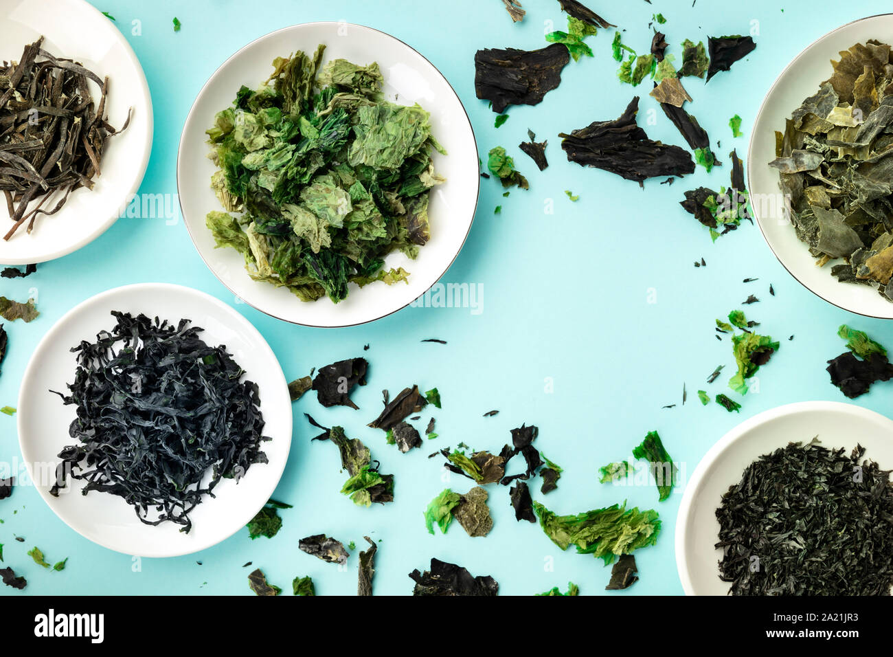 Various dry seaweed, sea vegetables, shot from the top on a teal background forming a frame for copy space Stock Photo